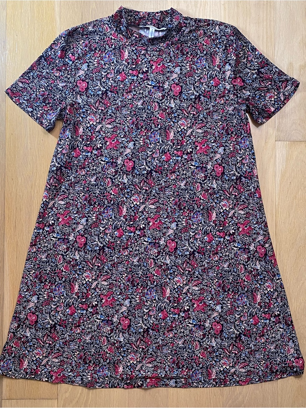 BCBGeneration Ditsy Floral Mock Neck Dress Short Sleeve Pink Blue Large - Picture 5 of 9
